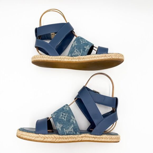 Louis Vuitton Monogram LV Denim Leather Sandals Espadrilles Flats Size 37, 7 - Picture 6 of 14
